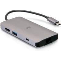 Gray C2G USB-C 8-in-1 Mini Dock with HDMI, 2 USB-A ports, Ethernet, SD card slot, and USB-C power delivery cable.