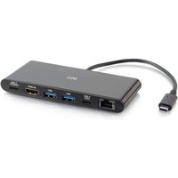 Black C2G USB-C docking station with 4K HDMI, Ethernet port, USB ports, and power delivery cable.