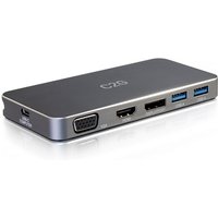 Black C2G USB-C Dual Display MST Docking Station with HDMI, DisplayPort, VGA, and USB ports, sleek rectangular design.
