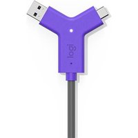 Black and violet Logitech Swytch cable with Y-shaped connector, USB and USB-C ends, and logi branding.