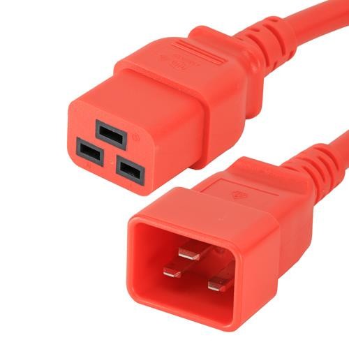 Red PVC power lead, 0.5m long, featuring IEC C20 and IEC C19 connectors with three prongs, designed for durable electrical connections.