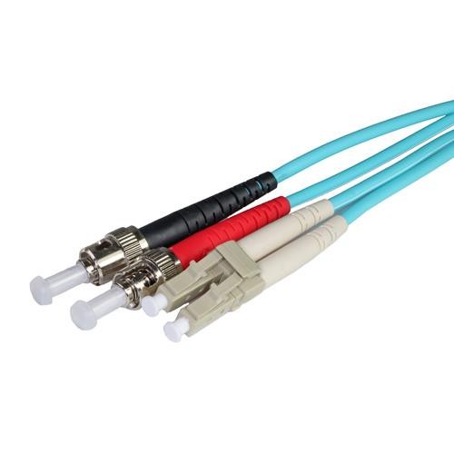 Aqua-colored 0.5m fiber patch lead with LC and ST connectors, featuring a duplex design and LSOH material for low smoke and halogen emissions.