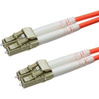 Orange Cablenet 1.5m OM3 50/125 LC-LC Duplex Fibre Patch Lead with beige connectors and white sleeves.