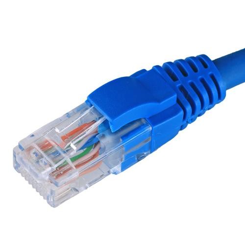 Blue 10m Cat5e RJ45 Ethernet cable with a snagless booted connector, featuring a transparent plastic housing that reveals the internal wiring.