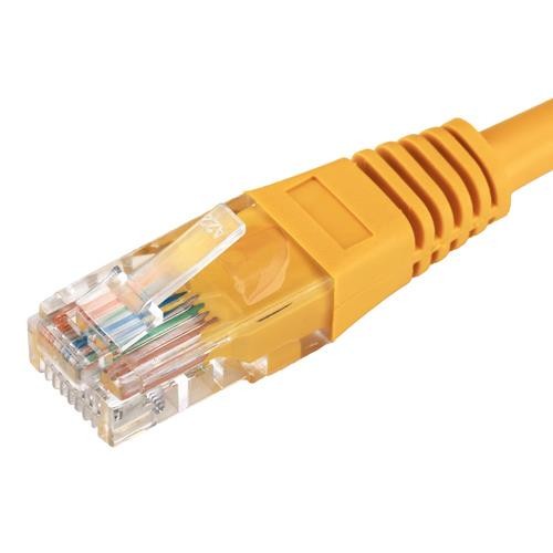 Yellow 10m Cat5e RJ45 Ethernet cable with a PVC exterior, featuring a flush moulded boot and 24AWG wire gauge for enhanced durability and performance.