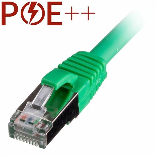 Green 10m Cat6a RJ45 patch cable with snagless booted design, S/FTP shielding, 26AWG thickness, and LSOH material for reduced fire hazard.
