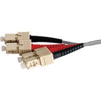 Grey 10m OM2 50/125 SC-SC duplex fibre patch lead with beige connectors and red, black strain relief boots.