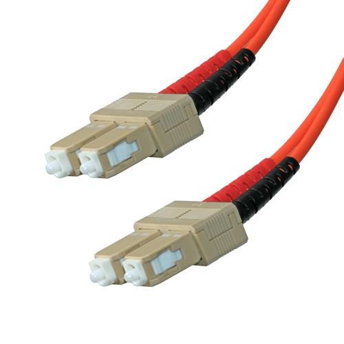 10m orange OM3 50/125 SC-SC duplex fibre patch lead with beige connectors and black strain reliefs, designed for high-speed data transmission.