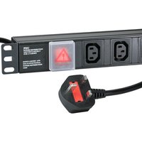 Black 12-way IEC-C13 horizontal 1u PDU with UK 3m feed, featuring multiple sockets and a UK plug.