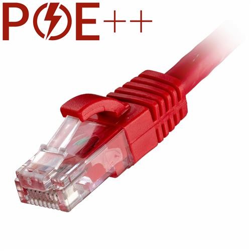 Red 15m Cat6 RJ45 patch lead with a snagless booted connector, featuring a transparent housing and a sturdy 24AWG U/UTP cable design, ideal for network connections.