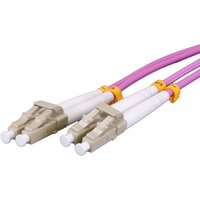 Violet 15m OM3 LC-LC duplex fibre patch lead with beige connectors and yellow clips.
