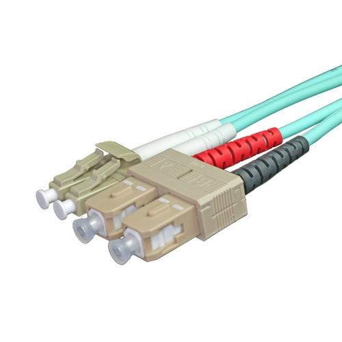 Aqua-colored 15m OM3 50/125 LC-SC duplex fibre patch lead featuring beige and colored connectors, designed for high-speed data transmission.