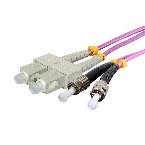 15m OM3 50/125 ST-SC duplex fibre patch lead in violet LSOH material, featuring two connectors: SC on one end and ST on the other, designed for high-speed data transmission.