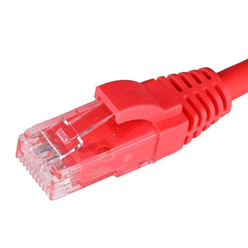 Red 1m Cat5e RJ45 patch lead with a snagless booted design, featuring a clear plastic connector and 24AWG U/UTP LSOH material for enhanced durability and flexibility.