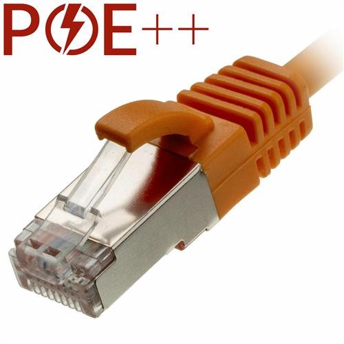 Orange 1m Cat6a RJ45 Ethernet cable with a slim, snagless booted design and a 30AWG U/FTP LSOH material, featuring a transparent connector.