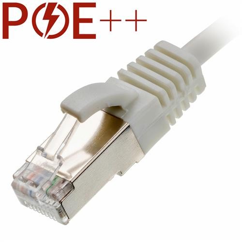White 1m Cat6a RJ45 Ethernet cable with a slim, snagless booted design, featuring a transparent connector and metal contacts, labeled with a POE++ symbol.