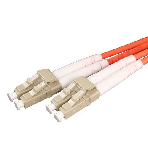 Orange 1m OM1 62.5/125 LC-LC duplex fibre patch lead featuring two beige LC connectors with white protective sleeves on each end.