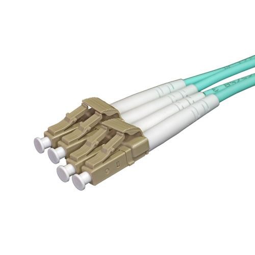 Aqua-colored 1m OM3 50/125 LC-LC duplex fibre patch lead featuring two beige connectors with white tips, designed for high-speed data transmission.