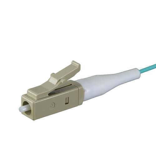 Aqua fiber pigtail with a 1m length, featuring a beige LC connector and a 900um cable, designed for OM3 50/125 multimode fiber applications.