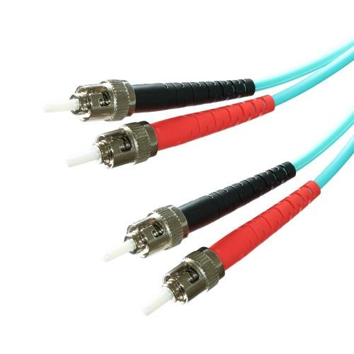 Aqua LSOH fibre patch lead featuring two ST connectors, one black and one red, with durable rubber grips and a 1m length.