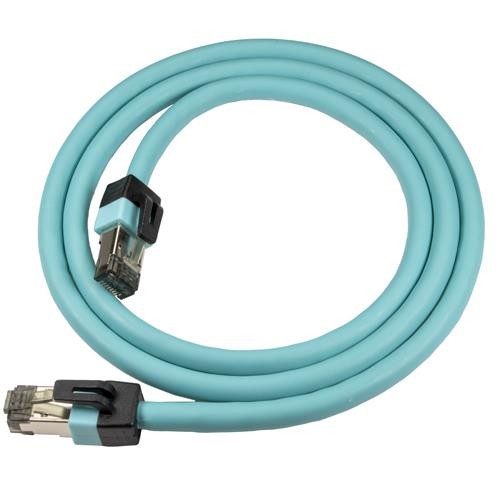 Aqua-colored 1m Cat8 Ethernet patch cable with snagless connectors, featuring S/FTP shielding and 24AWG wire for high-speed data transmission.