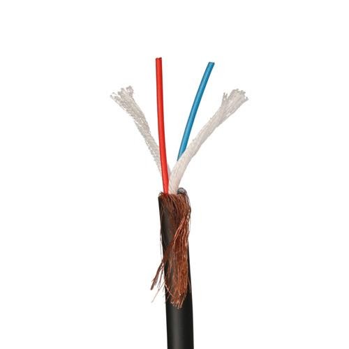 Black flexible XLR microphone cable with a 200m reel, featuring two inner wires—one red and one blue—surrounded by copper shielding and a durable outer layer.