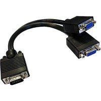 Black Cablenet 20cm SVGA splitter cable with one male connector and two female connectors, ribbed casing.
