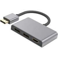 Gray Cablenet video splitter with 1 HDMI and 2 DisplayPort outputs, compact design with short cable.