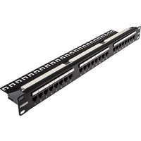Black Cablenet 24 Port Cat5e UTP 1u Patch Panel with numbered ports and mounting brackets.
