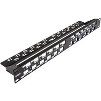 Black Cablenet 24 Port Cat6a 1u patch panel with angled keystone jacks and numbered slots.