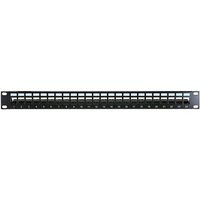 Black Cablenet 24 Port Cat6a 1u Unloaded Keystone Patch Panel with rectangular slots and mounting brackets.