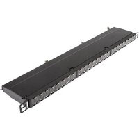 Black Cablenet 24 Port Cat6a FTP patch panel with metal frame and labeled ports, compact 0.5u size.