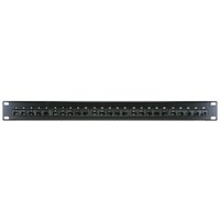 Black 1u voice panel with 25 ports, labeled for 3-pair connections, rectangular metal frame with mounting brackets.