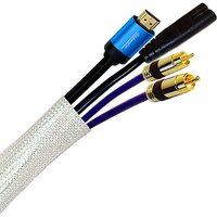 White braided sleeving, 25m, fits 14mm-25mm cables, LSOH, showing HDMI and RCA cables inside.