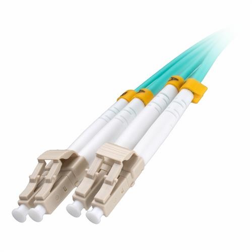 Aqua-colored 25m OM3 50/125 LC-LC duplex fibre patch lead with two beige LC connectors, featuring a flexible LSOH material and yellow strain relief boots.