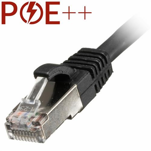 Black 2m Cat6a RJ45 Ethernet cable with snagless booted connector, featuring S/FTP shielding and 26AWG construction for enhanced performance and flexibility.