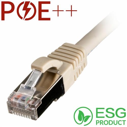 Grey 2m Cat6a RJ45 patch lead with snagless boot, LSOH material, 26AWG gauge, featuring POE++ and ESG product logos.