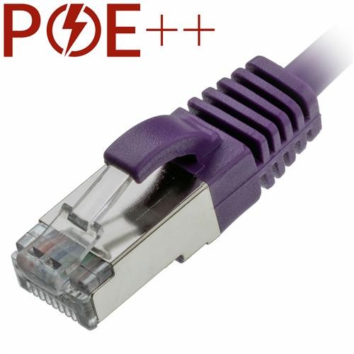 Violet 2m Cat6a RJ45 Ethernet cable with U/FTP shielding, 30AWG thickness, featuring a slim, snagless booted design for easy connectivity.