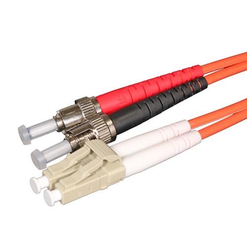Orange 2m OM1 62.5/125 LC-ST duplex fibre patch lead featuring two connectors: one beige LC and one silver ST, with black and red strain relief boots.