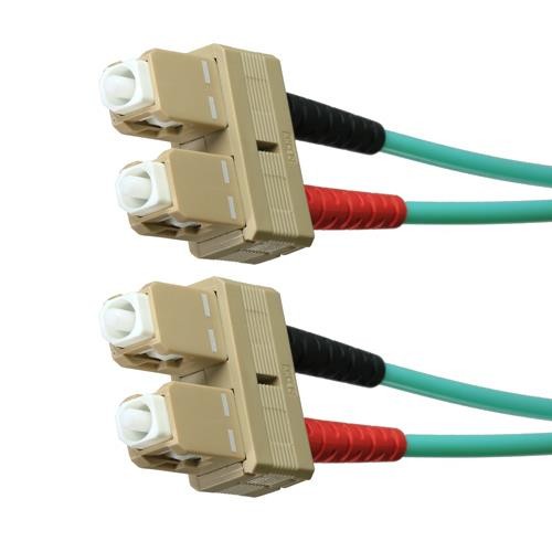 Aqua LSOH fibre patch lead, 2m long, featuring SC-SC duplex connectors with beige housings and color-coded cables in aqua, red, and black.