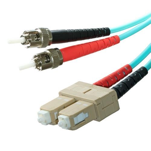Two 2m OM3 fibre patch leads in aqua LSOH material, featuring ST and SC connectors; one lead has a red and black strain relief, while the other is beige with matching strain relief.