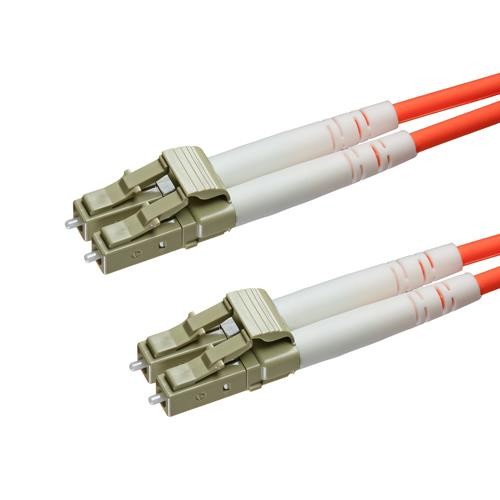 Two orange 2m OM4 50/125 LC-LC duplex fibre patch leads with beige connectors, featuring a low smoke zero halogen (LSOH) design for safety.