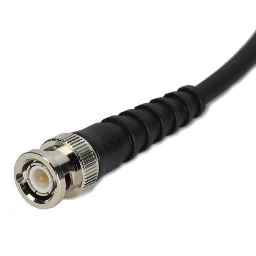 Black 2m RG58 coaxial cable with booted connectors, featuring a shiny metal plug at each end and a flexible, ribbed black rubber sheath for durability.