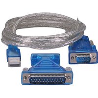 Clear USB 2.0 serial converter cable with blue DB9 and DB25 connectors, 2 meters long by Cablenet.