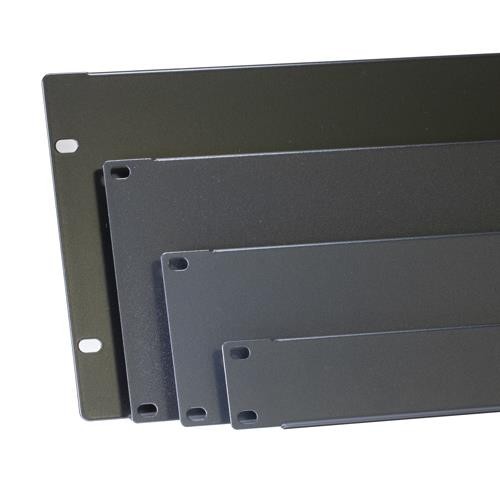 Black 2U blanking panel made of metal, designed for 19-inch racks, featuring multiple mounting holes for easy installation and a sleek, smooth finish.
