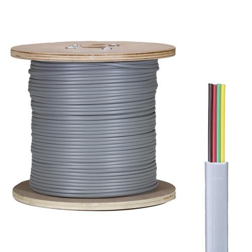 Silver grey flat modular cable on a wooden reel, featuring a smooth PVC exterior, with four color-coded cores (black, red, yellow, green) visible at the end.