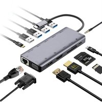 Silver Cablenet laptop dock with USB-C, multiple ports, Ethernet, HDMI, and SD card slots, wired connections shown.