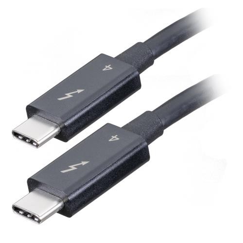 Black Thunderbolt cable measuring 0.7 meters with USB-C connectors on both ends, featuring a lightning bolt symbol indicating 40 Gbit/s data transfer speed.