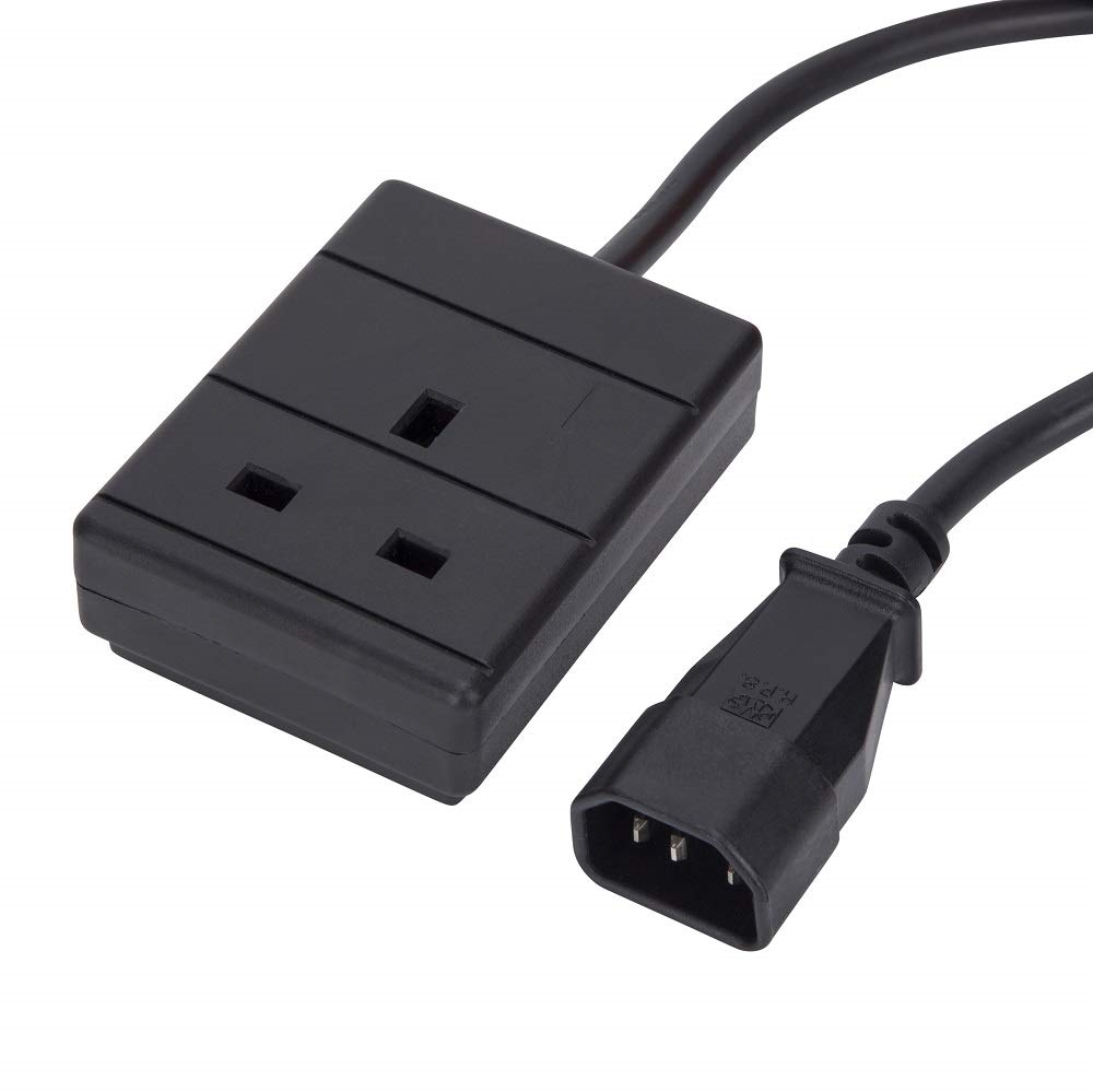 Black 0.5m power lead featuring a C14 plug on one end and a 10A UK socket on the other, designed for connecting electrical devices.