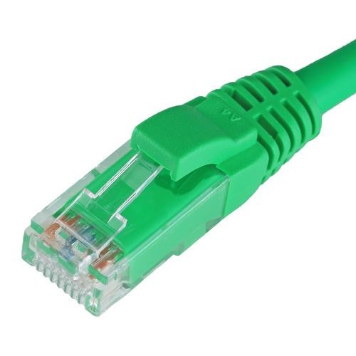Green 4m Cat5e RJ45 Ethernet cable with a snagless booted design, featuring a transparent connector and 24AWG wire, ideal for networking applications.